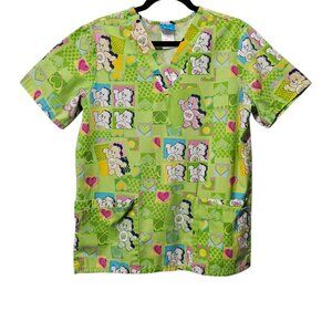 Care Bears V Neck Short Sleeve Three Pocket Cotton Blend Lime Green Scrubs Top